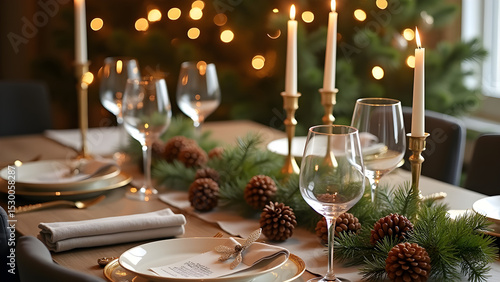 Elegant christmas table setting with pinecones and gold accents near decorated tree