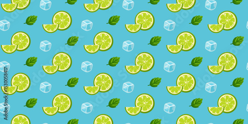 Seamless summer pattern with lime slices, mint leaves and ice cubes. Cartoon vector background. 