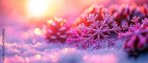 Pink snowflakes and pine cones rest on a bed of glistening snow, bathed in the warm glow of a setting sun, creating a magical winter scene
