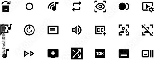 Video editing software icon set with play button, music symbols, and film tools in minimalist black and white design