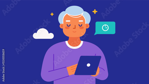 An older adult using an app on their tablet to track their sleep patterns and ensure they are getting enough rest for optimal brain function and overall health.. Vector illustration