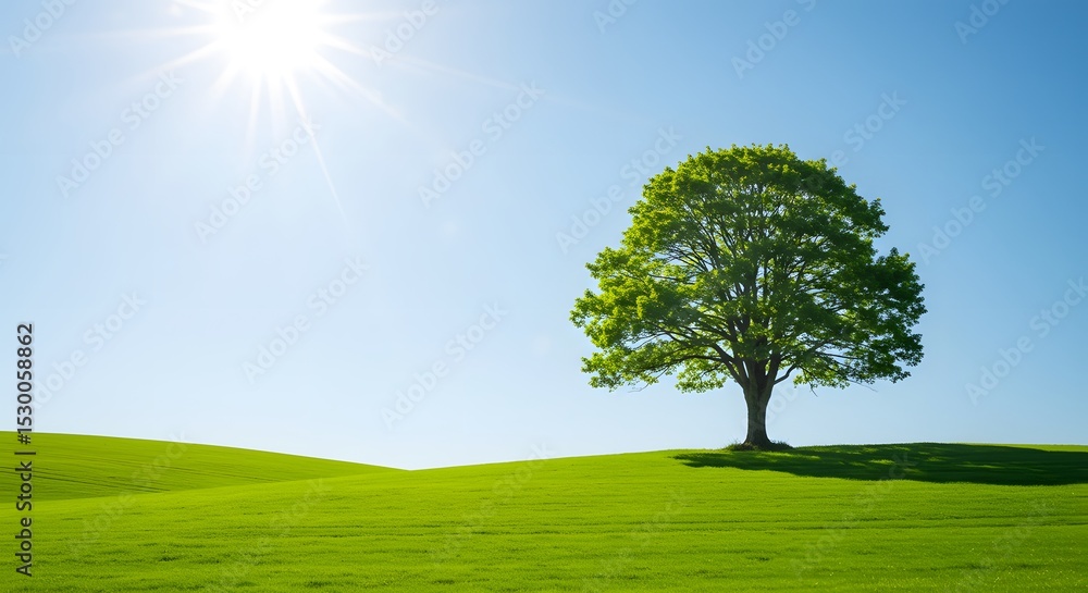 Obraz premium Lone Green Tree on Rolling Hill with Blue Sky and Sun Flare