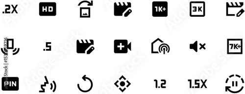 Black and white video editing icon set with film strip, speaker, camera, audio waveforms, settings button, and music note for lip-sync elements, featuring bold lines on solid background.