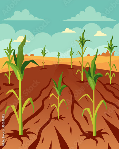 A field with wilted crops due to overexploitation and unsustainable farming practices.. Vector illustration