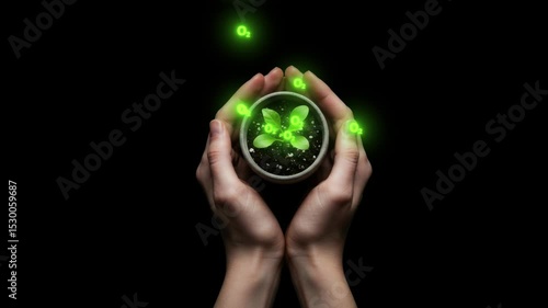 Hand Holding Small Plant Emitting O₂ | Clean Environment with AI Concept | Oxygen Molecules and Nature | Eco-Friendly Green Technology | Futuristic Sustainability Animation