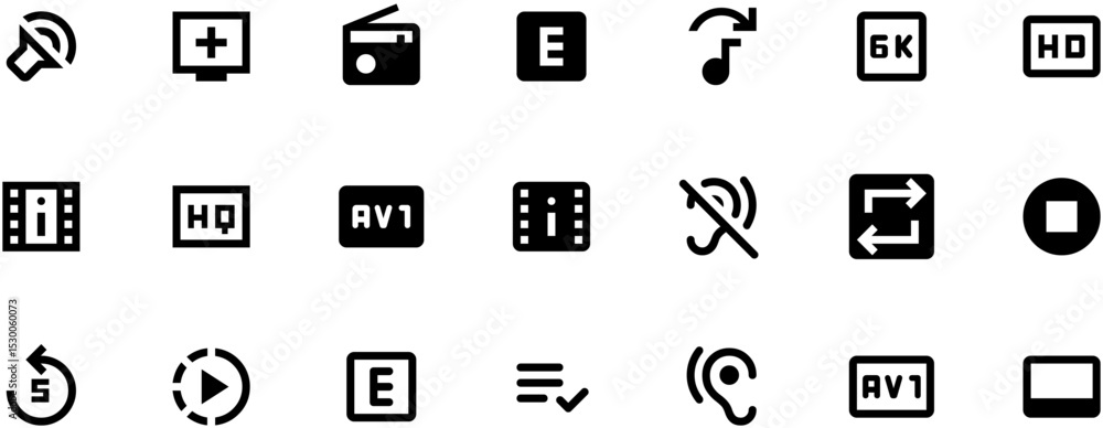 Minimalist video player settings vector icons in black on white background with simple geometric shapes Minimalist video player settings vector icons in black on white background with simple geometric shapes