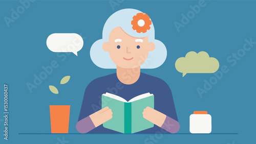 An illustration of an older person reading a book and taking brain health supplements with the message Nourish your body and mind with daily supplements.. Vector illustration
