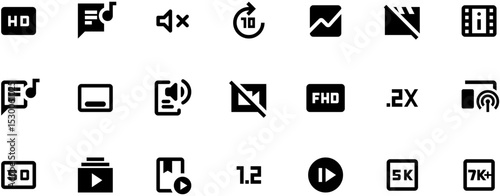 Black vector video player icons with simple design, bold typography, and flat colors on white background, ideal for digital media and web graphics.