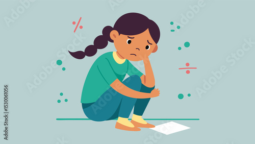 A young girl stomping her feet and pouting as she tries to solve a difficult math problem. Her confusion and frustration at not being able to figure it out are causing her to act. Vector illustration