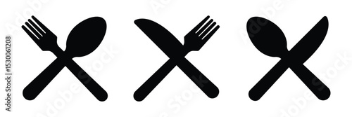 Spoon, knife, fork icon set. Silverware solid monochrome icon set. eps 10.