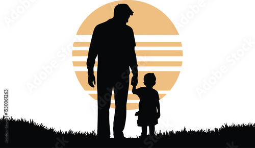 A touching silhouette of an adult and child holding hands in front of a stylized striped sun, symbolizing love, guidance, and family bonds in a minimalist artistic composition.