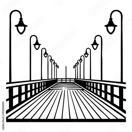 Black SVG illustration of a wooden pier with street lamps in linear perspective. Minimalist seaside design with transparent background.

