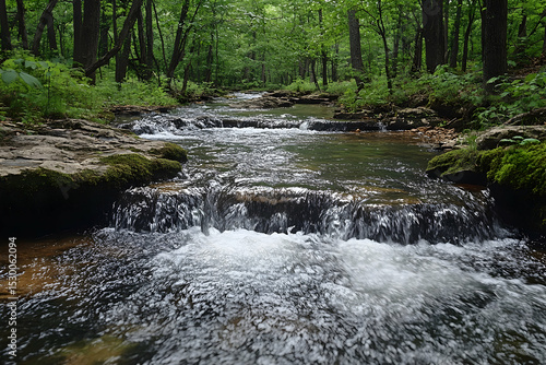 Serene Forest Waterfall with Moss-Covered Rocks
