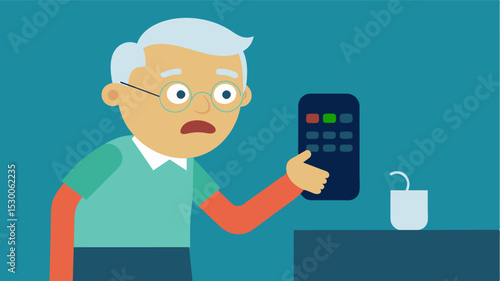 An elderly man stares blankly at a TV remote unable to remember which buttons to press to change the channel. He lets out a sigh of frustration as he once again asks his caregiver. Vector illustration