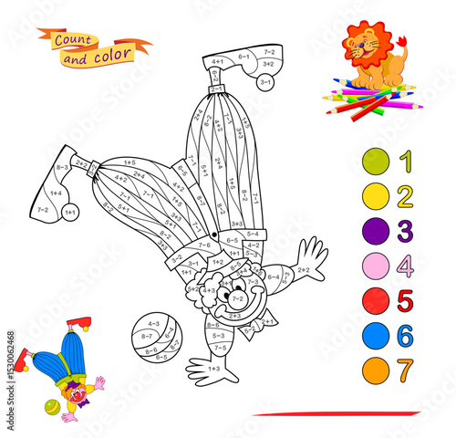 Mathematical education for children. Coloring book. Math exercises on addition and subtraction. Solve examples and paint the princess. Printable worksheet for kids. Flat hand drawn vector illustration