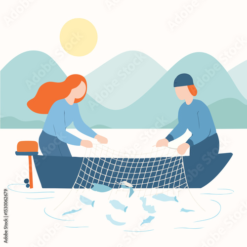 Flat Graphic People Fishing on a Boat with Natural Landscape