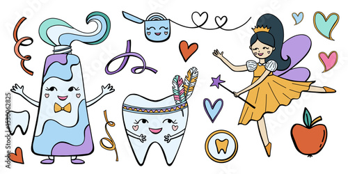 Vector set of funny fairy tooth clipart. Toothpaste, floss, fairy girl illustration character for children. Kids dental care concept