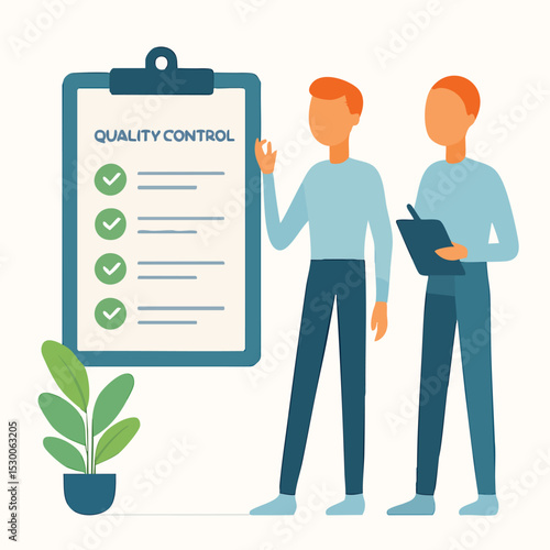 Flat Design Quality Control List with Two People and Potted Plant Illustration