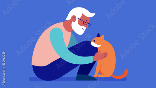 An elderly man with depression finding solace and companionship in his devoted therapy cat who provides comfort and a distraction from negative thoughts.. Vector illustration