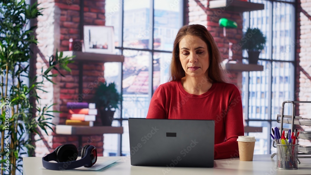 Fototapeta premium Mature girl freelancer managing her creative projects remotely in loft, working on a new novel or script for her gig. Woman focusing on writing and editing her creation, telework. Camera A.