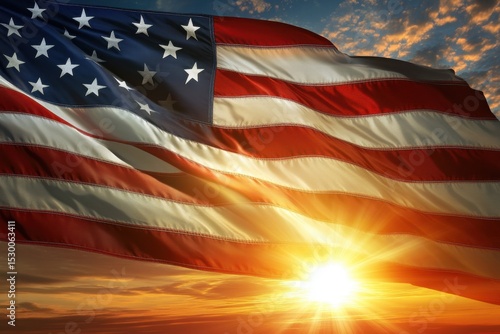American flag with the sun setting in the background, symbolizing all of America's past and present significance Generative AI