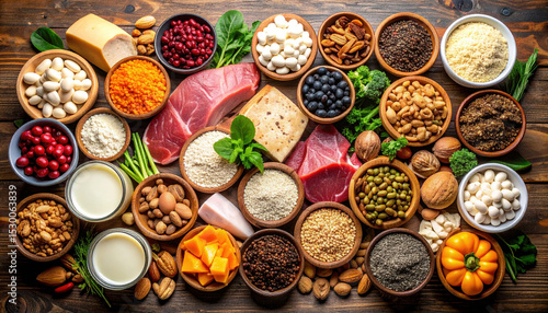 Fototapeta Naklejka Na Ścianę i Meble -  Vibrant array of nutrient rich foods including lean meats, leafy greens, legumes, nuts, seeds, and dairy products, showcasing healthy lifestyle and diverse diet