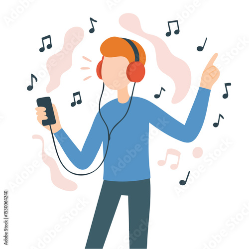 Flat Style Man Listening Music Using Headphone and Mobile Phone Illustration