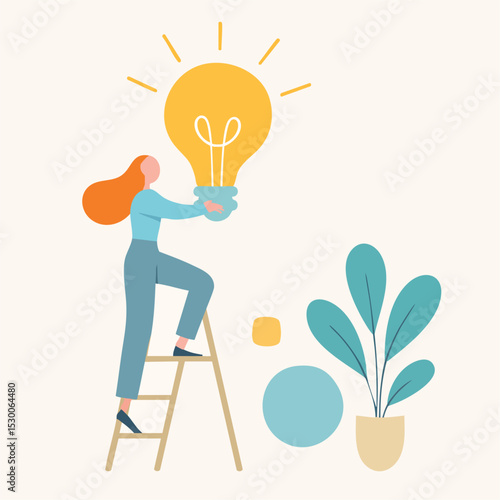 Flat Illustration Woman Climbing Ladder Holding Lightbulb Idea Concept