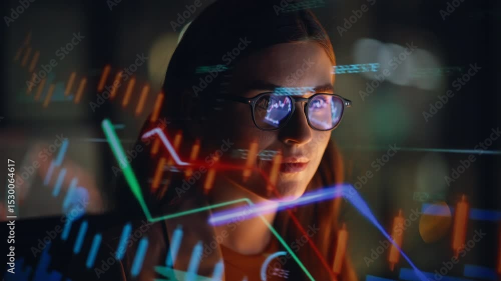 Closeup woman glasses charts. Businesswoman looking at cryptocurrency bitcoin