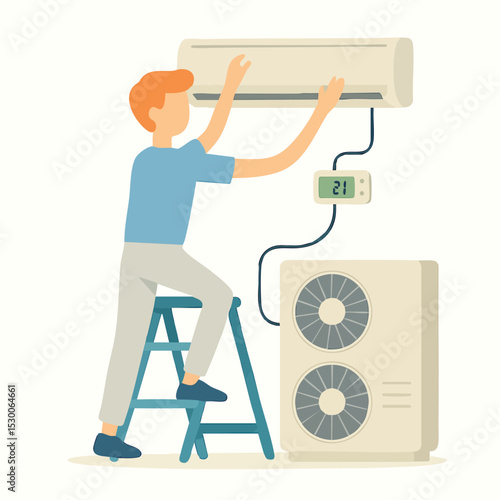 Flat Illustration Technician Installing and Repairing Air Conditioning System Equipment