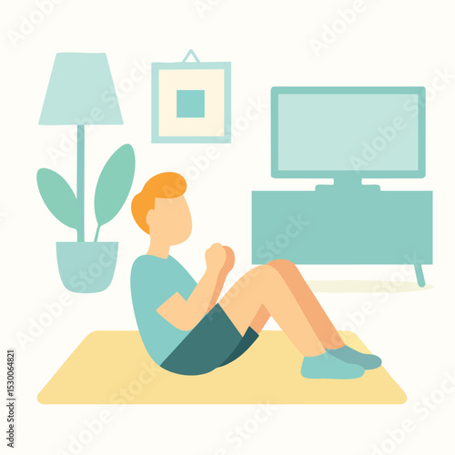 Flat Style Detail Man Doing Sit Up Exercise at Home Illustration