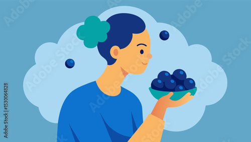 Show a person eating a handful of blueberries highlighting their role in protecting the brain from oxidative damage and improving memory.. Vector illustration