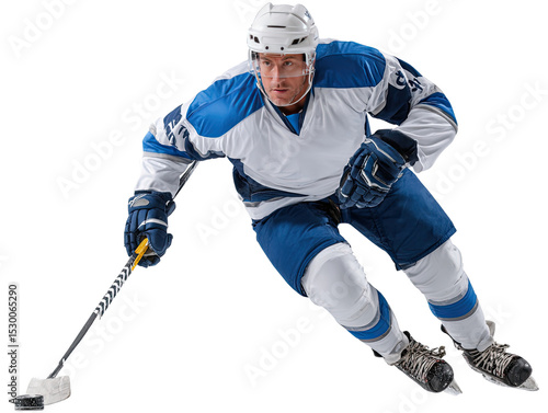 Ice Hockey Player on the Move: A dynamic ice hockey player skates with agility and focus, embodying the raw intensity and grace of the sport, ready to score and leading to victory.