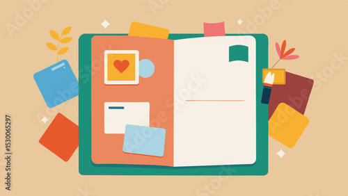 The notebook is filled with a mix of handwritten notes photos and mementos all serving as a visual diary of the persons life.. Vector illustration