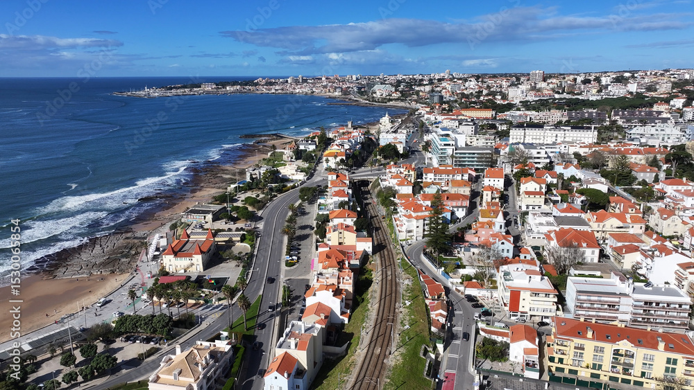 Obraz premium Cascais Skyline At Cascais In Lisbon District Portugal. Beach Landscape. Tourism Landmark. Cityscape Aerial View. Cascais Skyline At Cascais In Lisbon District Portugal. 