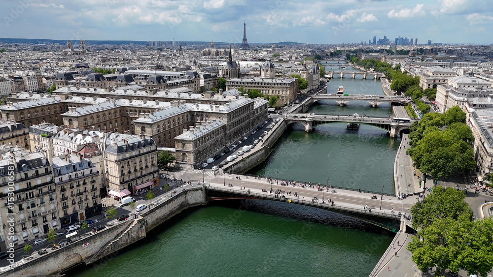 Naklejka premium Paris Skyline At Paris In Island Of France France. Downtown Cityscape. Seine River Skyline. Paris Skyline At Paris In Island Of France France. Medieval Bridges. Tourism Landmark. Europe Skyline