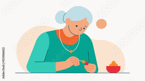 An elderly person with chronic pain finding distraction and relief through jewelry making utilizing fine motor skills and concentration to create beautiful pieces while also. Vector illustration