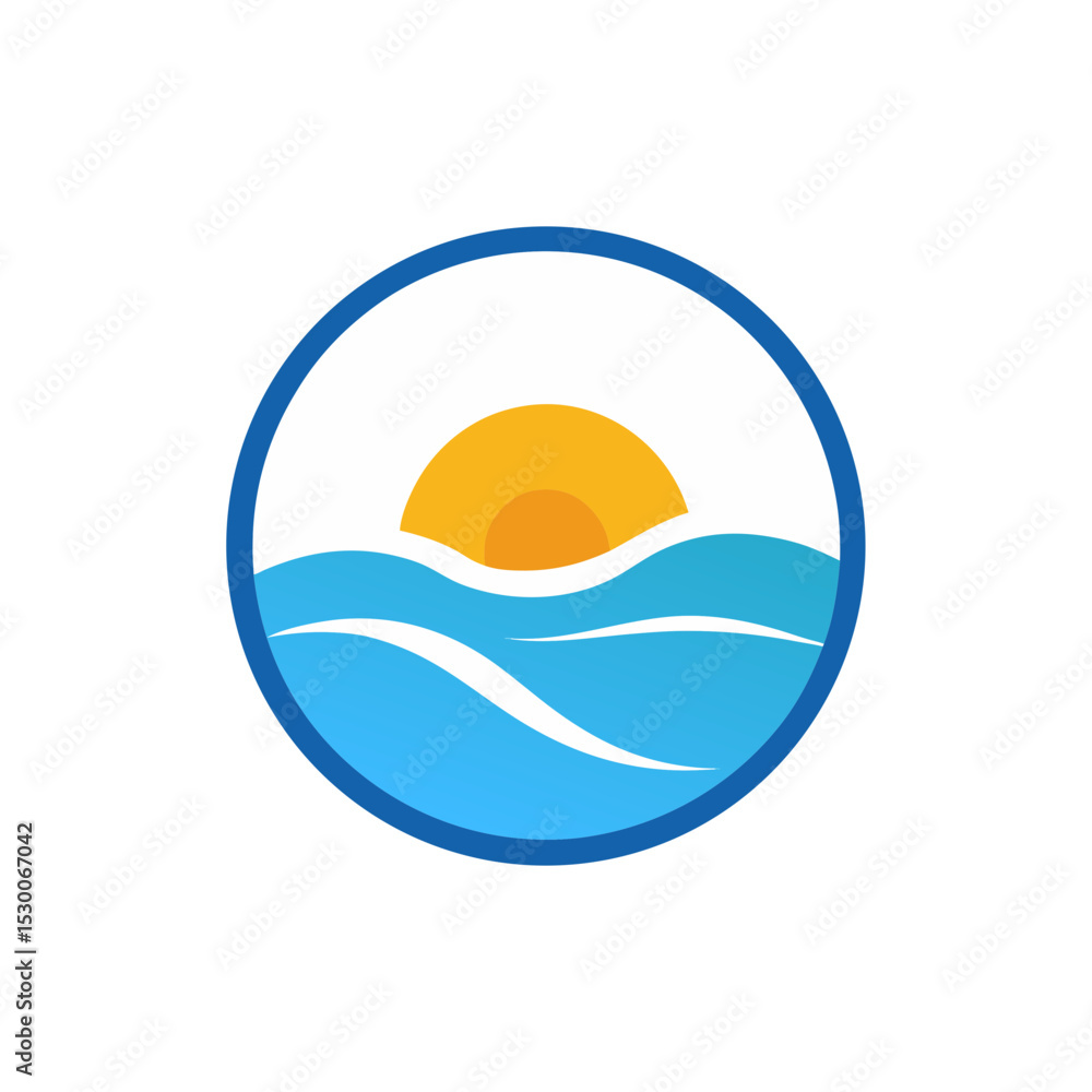 Clean Sun and Wave Logo Inside a Circular Border Vector Clip Art Illustration Clean Sun and Wave Logo Inside a Circular Border Vector Clip Art Illustration