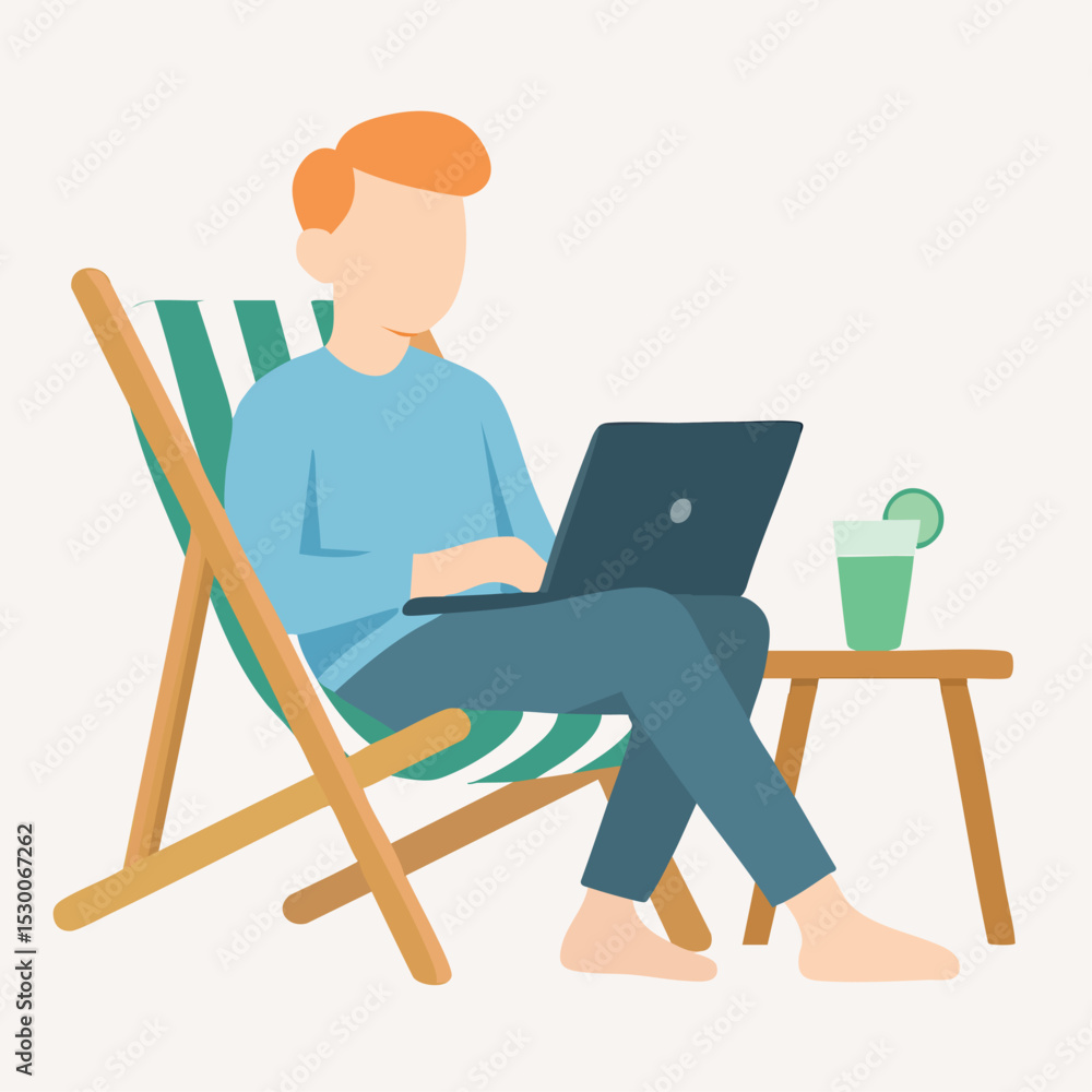 Fototapeta premium Flat Style Illustration Man Working on Laptop Relaxing on Beach Chair