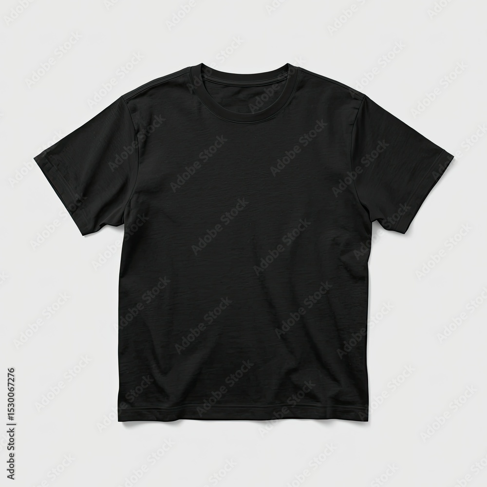 A plain black t-shirt laid flat on a neutral background, ideal for casual wear or graphic printing. A plain black t-shirt laid flat on a neutral background, ideal for casual wear or graphic printing.