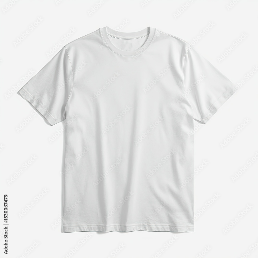 Simple white t-shirt displayed flat, perfect for casual wear or layering for various styles. Simple white t-shirt displayed flat, perfect for casual wear or layering for various styles.