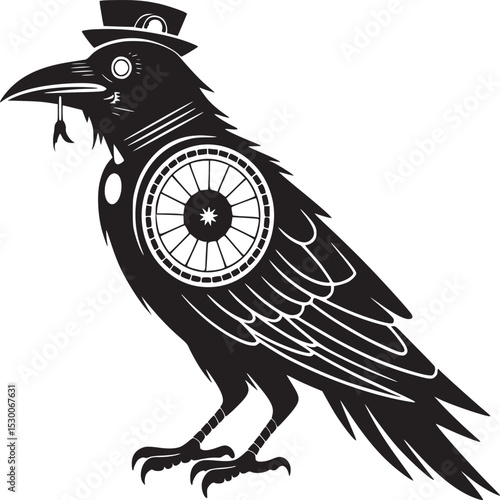 Black crow with top hat and wheel design on body in a black and white digital illustration