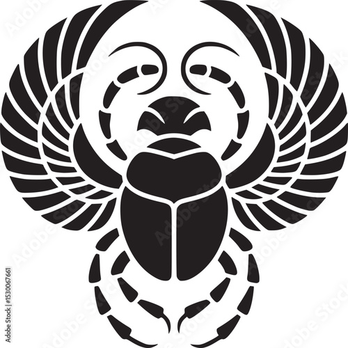 A black and white graphic illustration of a scarab beetle with wings and curved segmented body parts