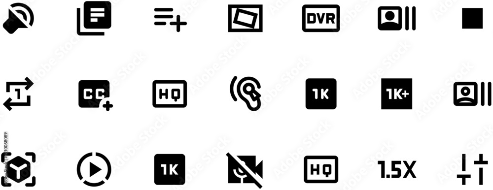 Modern black video player UI icons set on white background, including play button, audio file, resolution labels Modern black video player UI icons set on white background, including play button, audio file, resolution labels