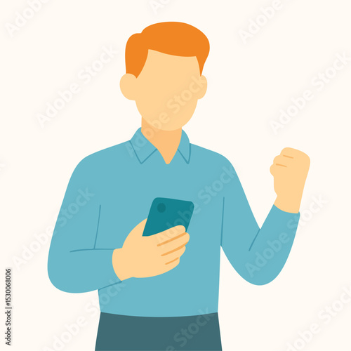 Flat Illustration Man Holding Smartphone Celebrating Good News Character