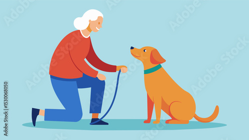 An elderly person recovering from a stroke is accompanied by a therapy dog during their therapy sessions. The dog provides a sense of motivation and encouragement helping the. Vector illustration