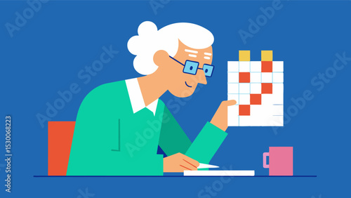An elderly person struggling to solve a particularly difficult crossword puzzle but refusing to give up. This determination and perseverance is a testament to their dedication to. Vector illustration