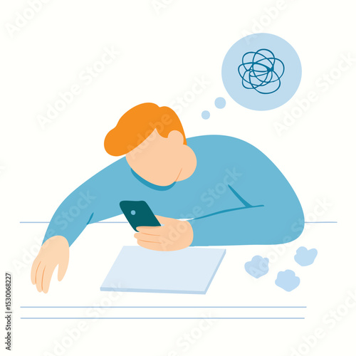 Flat Illustration Stressed Person with Smartphone, Crumpled Paper, and Tangled Thought Bubble