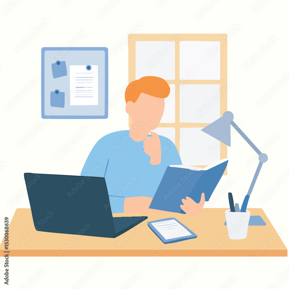 Flat Style Detailed Student Studying Desk With Laptop Illustration Flat Style Detailed Student Studying Desk With Laptop Illustration