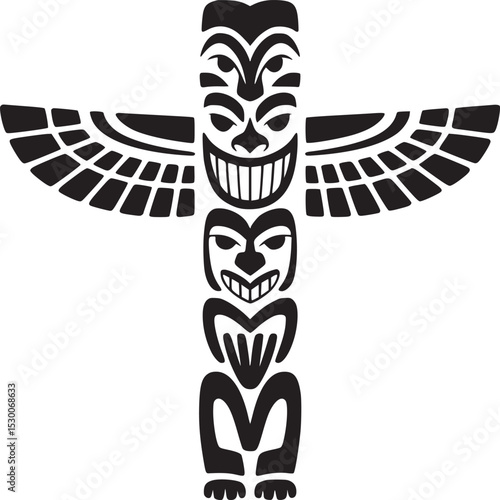 A black and white graphic image of a totem pole with faces and wings on a white background